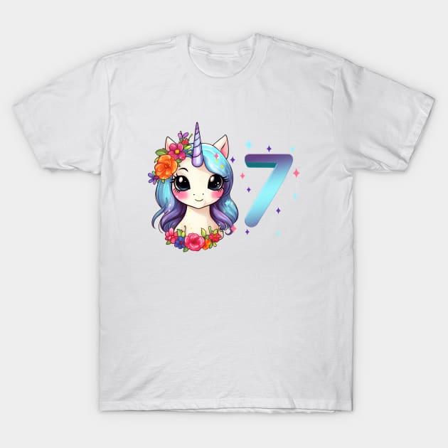 I am 7 with unicorn - girl birthday 7 years old T-Shirt by Modern Medieval Design